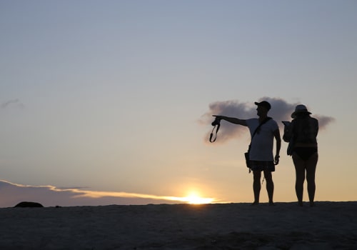 couple pointing in distance in front of sunset