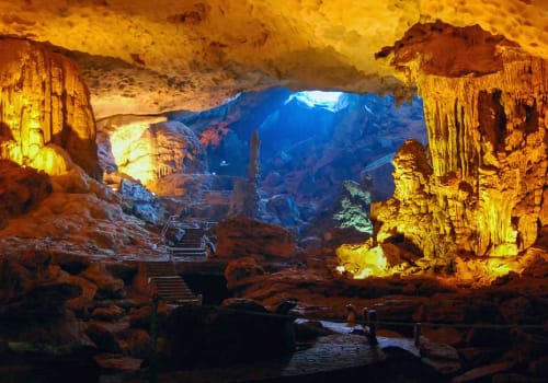 Colourfully lit large cave
