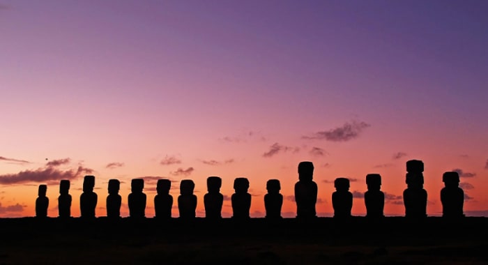 Moai in a line sunset