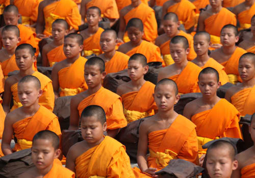 line of monks in cambodia