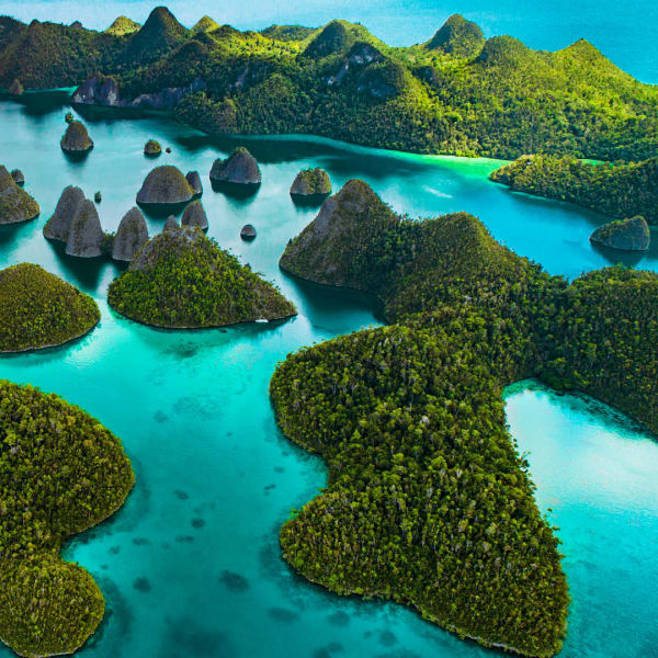 Islets in turquoise waters seen from above